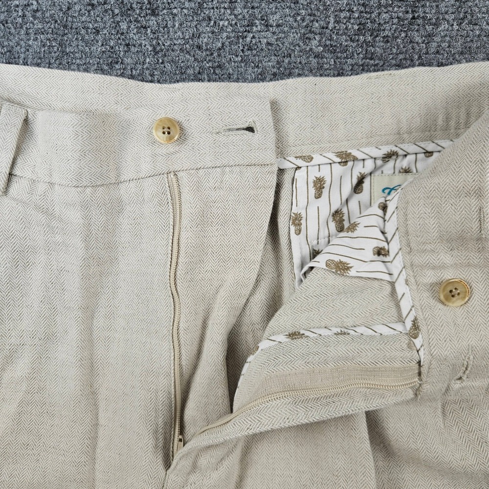 Caribbean Mens Tan Herringbone Linen Cotton Pleated Dress Pants 36x32 - Picture 4 of 10